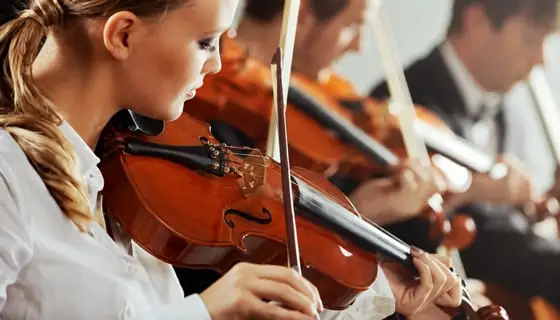 Violinist playing in an orchestra with other musicians in the background.