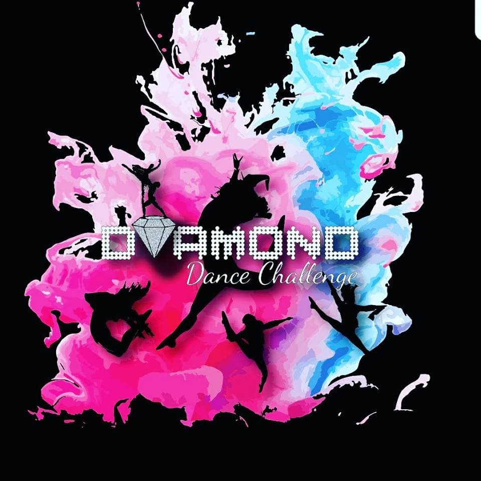 Diamond Dance Challenge logo with dancing silhouettes and pink and blue splashes.